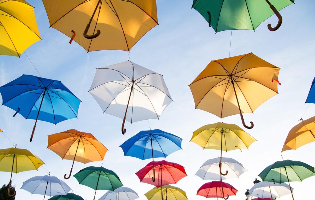 umbrellas, colorful, hang, parasols, art, artwork, art installation, open umbrellas